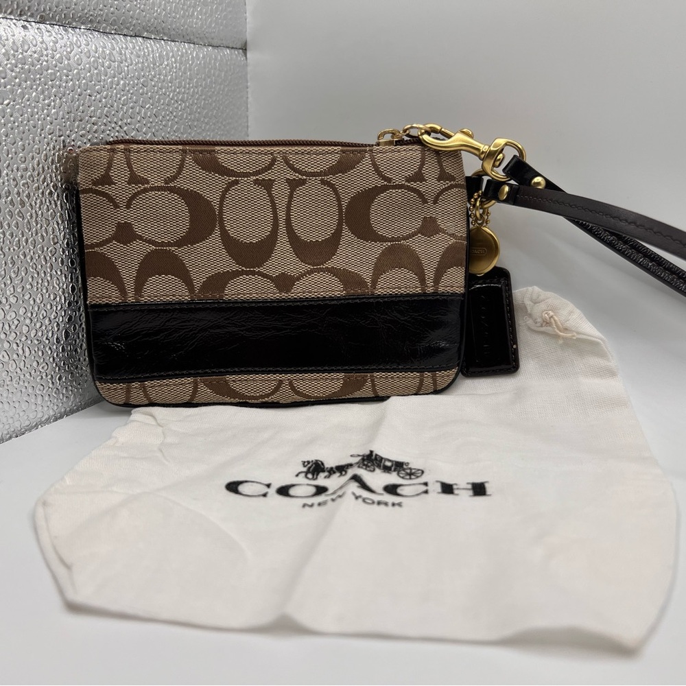 Coach Legacy Tan Signature Canvas and Leather Brown Wristlet - Picture 2 of 6